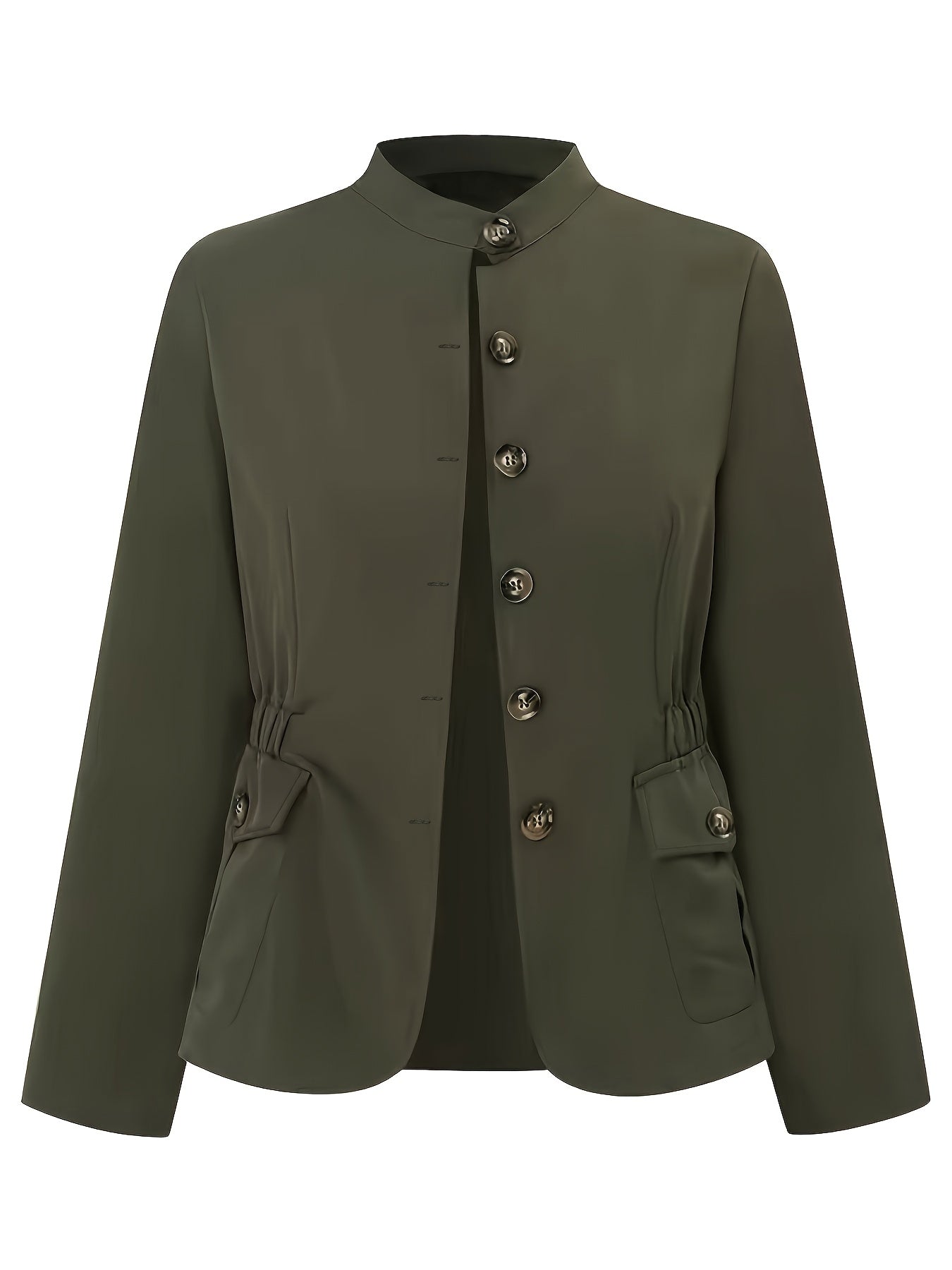 Women's Elegant Solid Color Front Button Long Sleeve Jacket with Stand Collar & Red Belted Waist - Lightweight Machine-Washable Spring\u002FFall Coat, Functional Pockets, Non-Stretch Fabric, Spring Outerwear, Cute Jacket