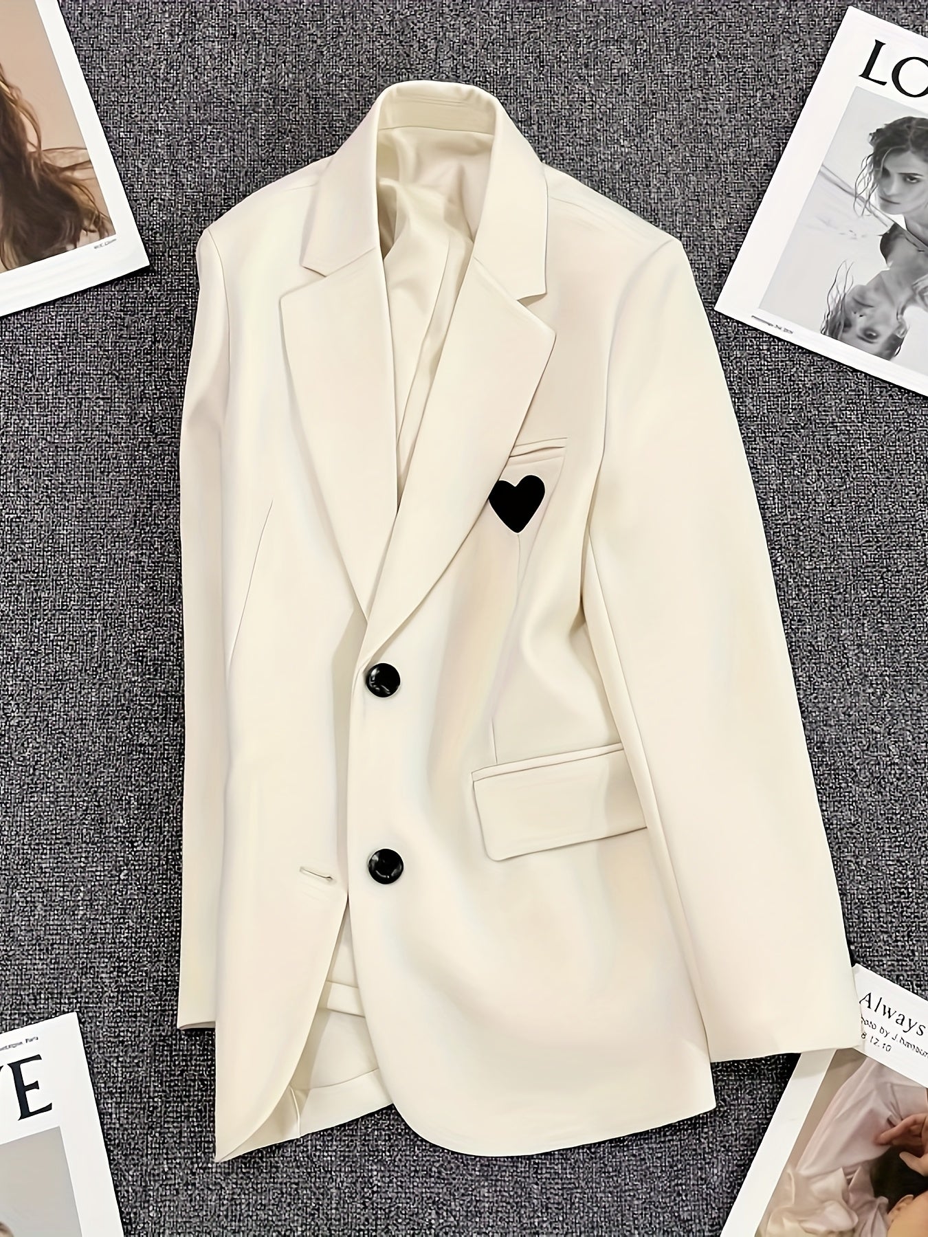 Women's Ivory Heart Embroidered Blazer Jacket - Elegant Lapel Collar, Machine Washable, Structured Fit for All-Season Versatile Wear, Casual Chic Apparel, Formal Outerwear, Suedelike Appearance