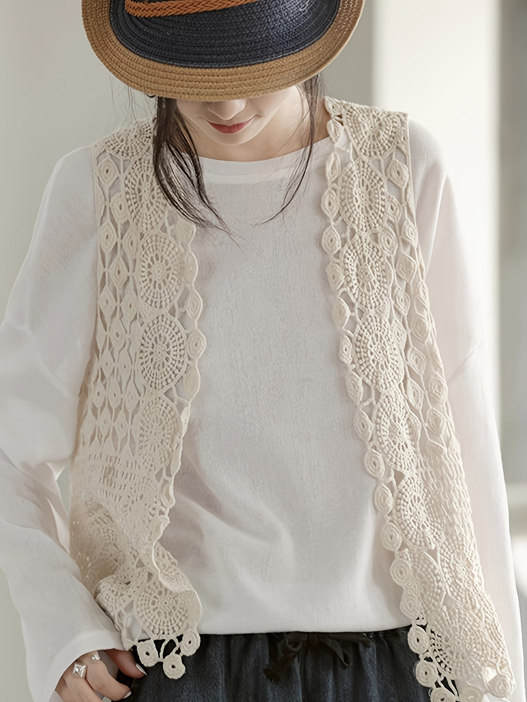 Boho Chic Cotton Breathable V-Neck Cardigan Vest for Women - Sleeveless, Hollow Out Design with Geometric Pattern, Perfect for Spring\u002FSummer, Short Fashion, Outdoor Wear, 14-16