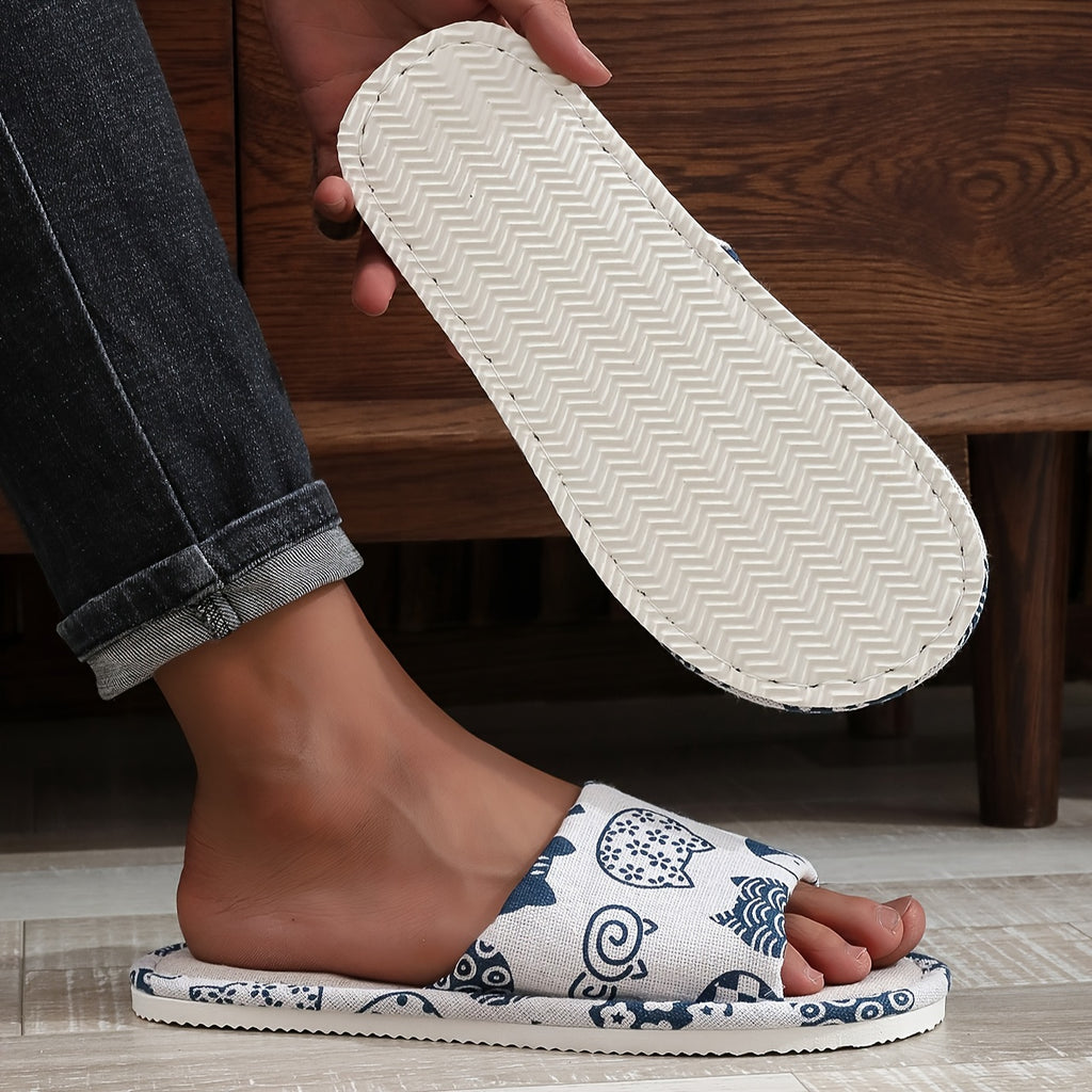 Casual Cartoon Cat Print Linen Slippers Unisex All-Season Indoor Slip-On Home Shoes with Anti-Slip EVA Sole and Comfort Fabric Inner