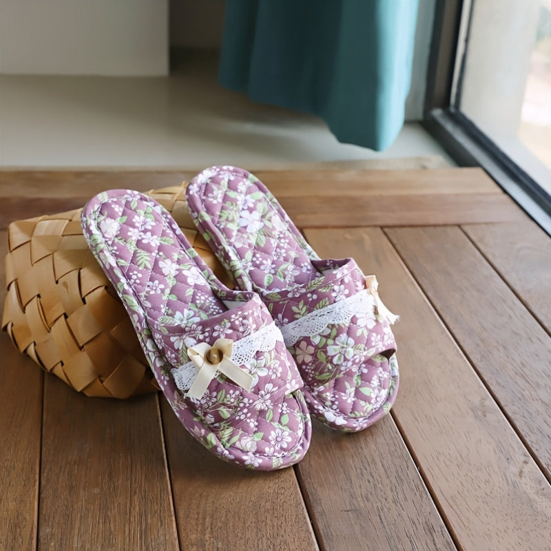 Casual Floral Slip-on Slippers - All-Season Fabric Upper, Inner & Sole - Quiet Soft Home Indoor Women's Footwear - Imported