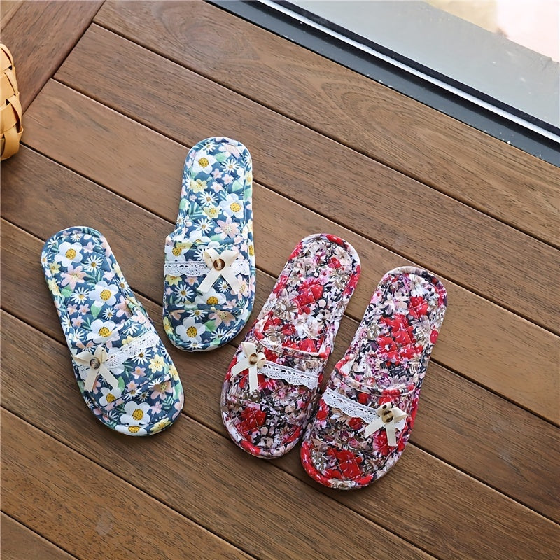 Casual Floral Slip-on Slippers - All-Season Fabric Upper, Inner & Sole - Quiet Soft Home Indoor Women's Footwear - Imported