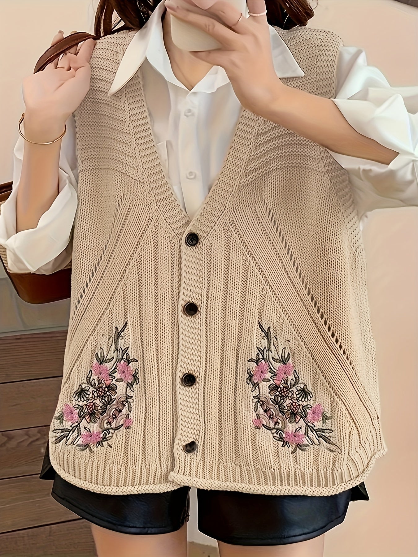 Young Women'S V-Neck Sleeveless Embroidered Floral Knit Acrylic Jacket, Relaxed Fit, Vintage Casual, with Hood, for Women