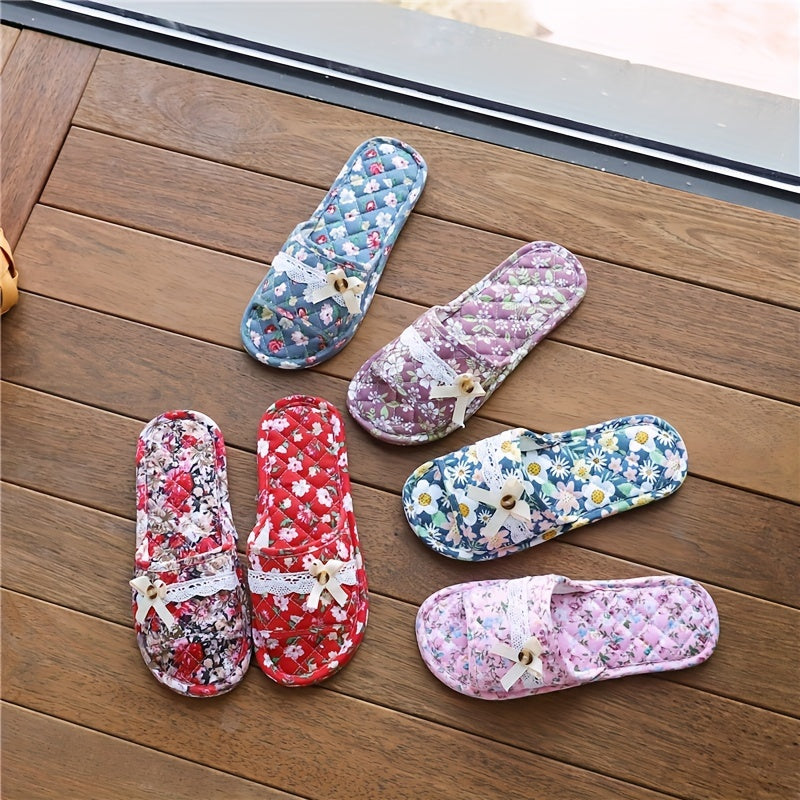 Casual Floral Slip-on Slippers - All-Season Fabric Upper, Inner & Sole - Quiet Soft Home Indoor Women's Footwear - Imported