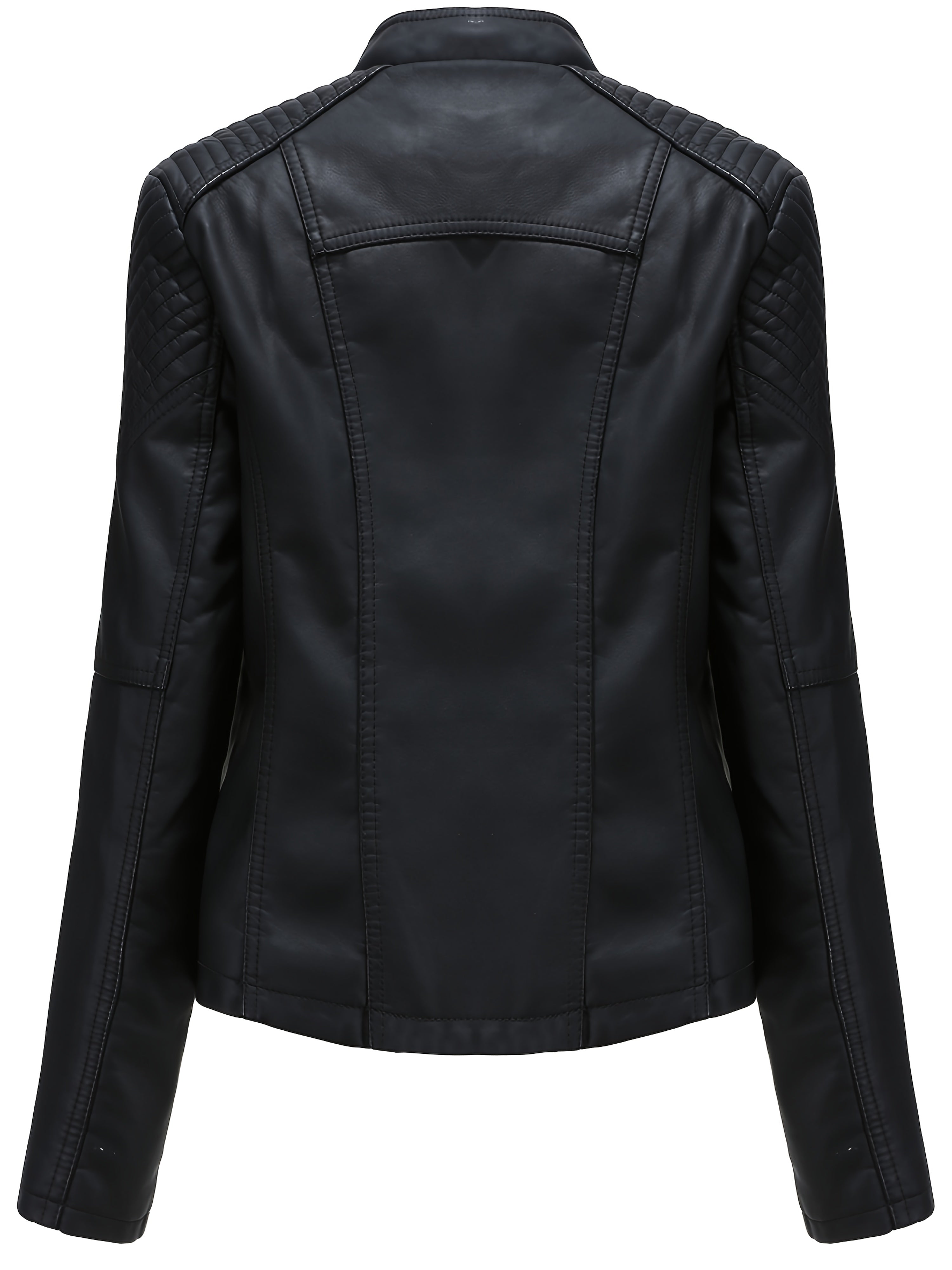 Short Silvery Zippered Motorcycle Jacket Black PU Moto Coat - Stand-Up Collar with Metal Buckles, Slim Fit Short Length, Shoulder Stitched Texture, Zippered Pockets