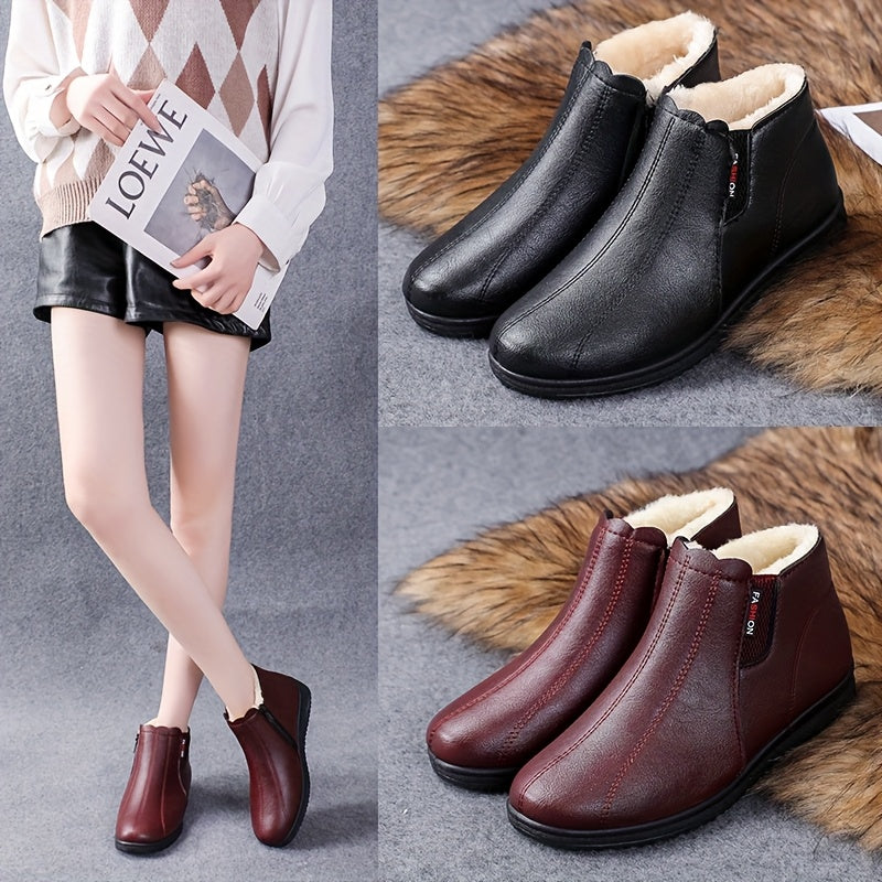 Women'S Plus Size Winter Boots - Black Faux, Warm Lined, Non-Slip Rubber Sole, Flat Heel, Zipper Closure, Comfortable Short Boots for Cold Weather, Winter Footwear|Round Toe Boots|Faux Boots