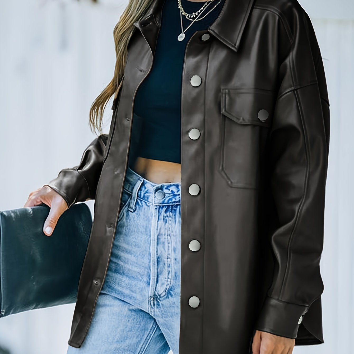 Spring\u002FSummer Women'S Faux Leather Jacket, Vintage Casual, Business, Elegant Style, Comfortable, Long Sleeve, Faux Leather, Side Waist, Split, Machine Washable, Daily Wear, Suitable for Spring, Summer, Autum