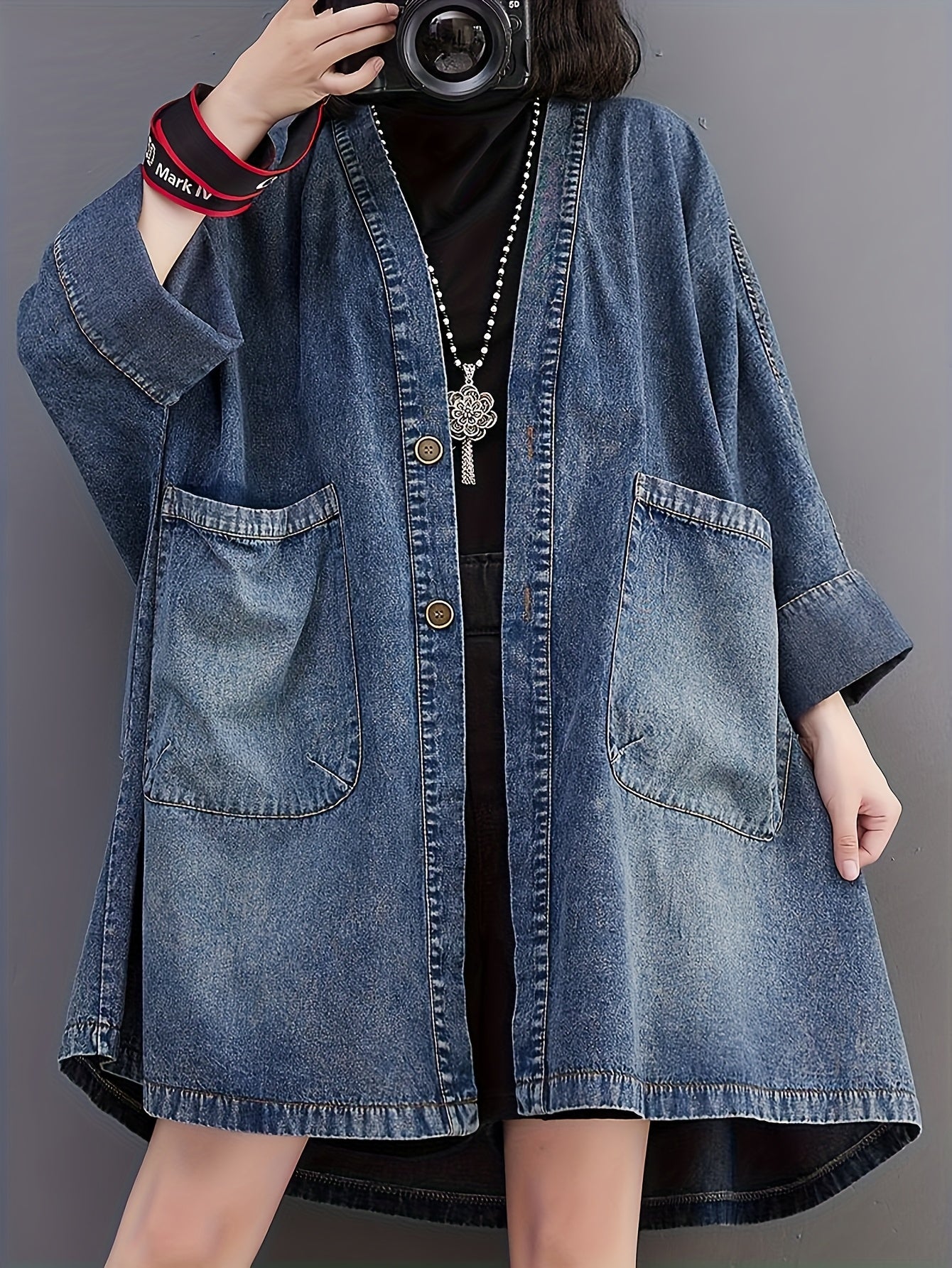Women's Vintage Japanese-Inspired Distressed Denim Jacket Coat - Loose Fit Long Sleeve Open Front Casual Chic Outerwear, Machine Washable Non-Stretch Denim for Layering, Layering Piece | Decorative Pockets