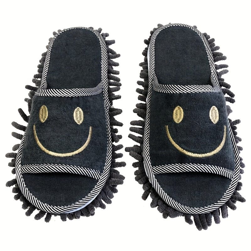 1 Pair Ultra-Fine Fiber Cleaning Slippers - Quiet, Efficient Dust & Floor Cleaner with Joyful joyful Face Design for Bedroom, Bathroom, Living Room - Light Blue, White, Pink Options, Bathroom Slippers | Comfortable Footwear | Plush Fabric Slippers