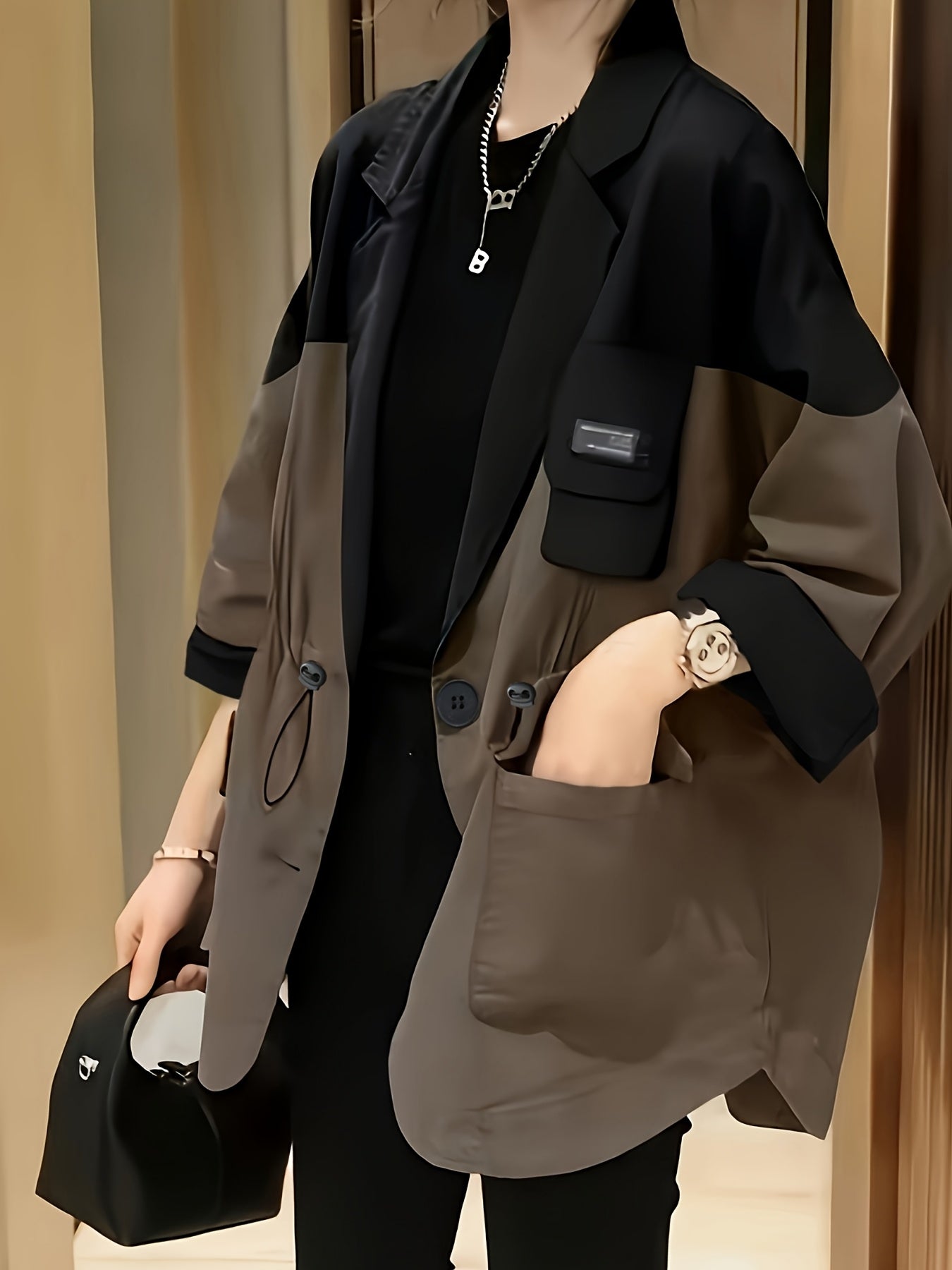 Women'S Chic Color Block Blazer - Casual Oversized Jacket with Button Front, Long Sleeves, Polyester, Perfect for Spring & Fall, Casual Wear Jacket|Button Front Blazer|Polyester Jacke