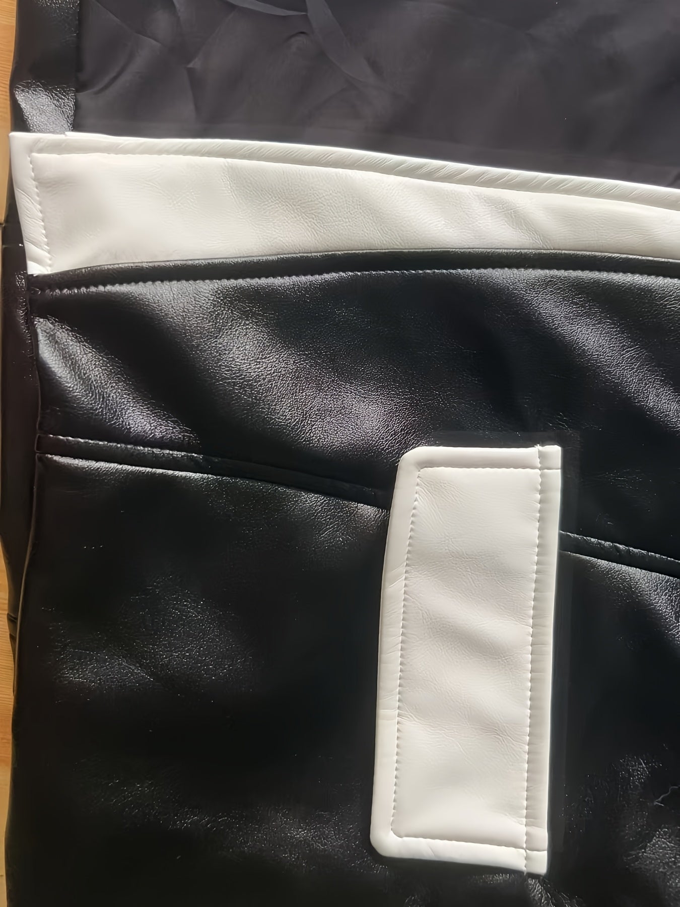 PUPU Women's Elegant Black & White Contrast PU Leather Jacket - Machine Washable Notch Lapel Biker Jacket with Fake Pockets, All-Season Versatile Outerwear, Stylish Layering, Modern Fashion, Polished Look, Trendconscious Buyers