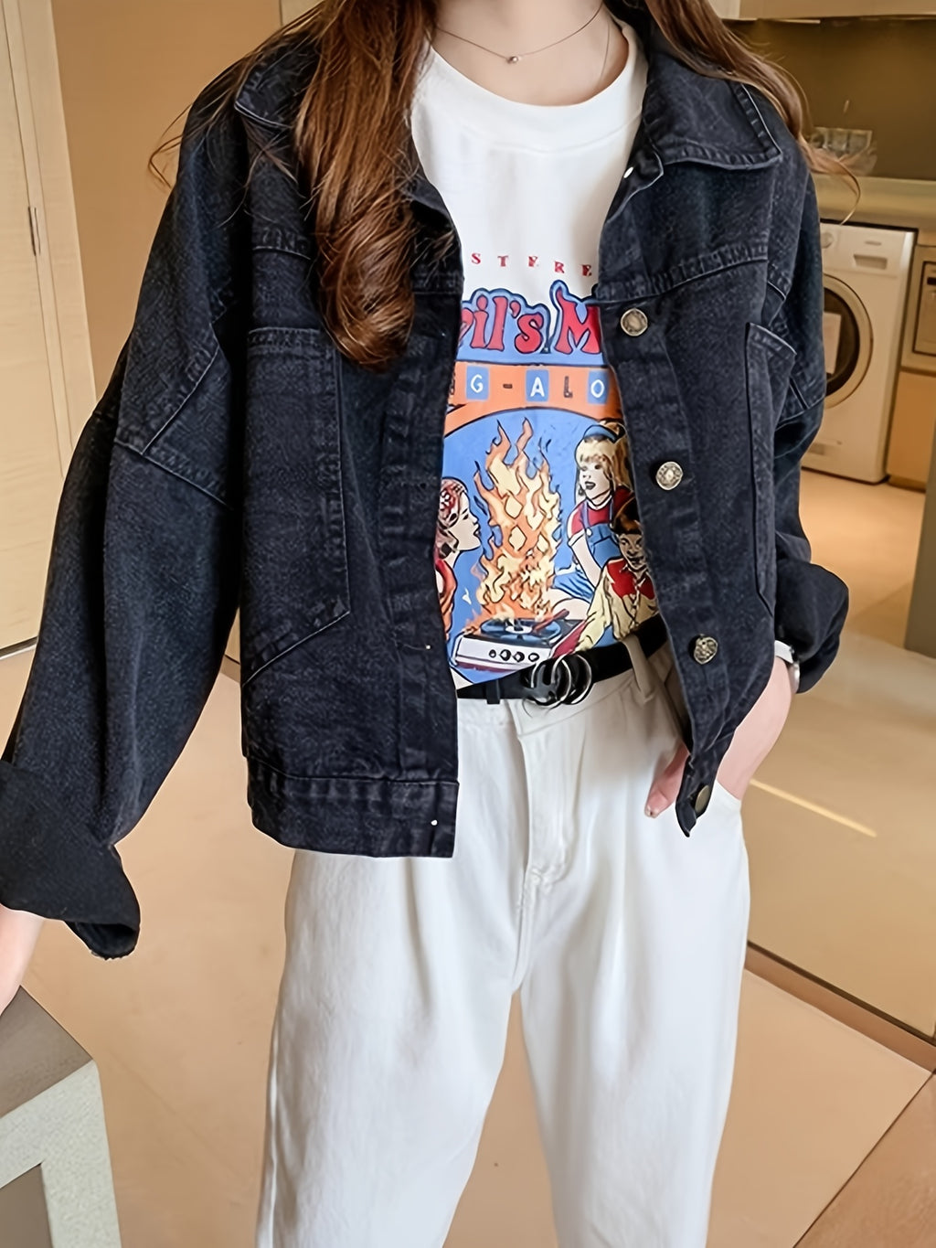 Women'S Black Denim Jacket with Cute Bear Applique - Casual Long Sleeve, Non-Stretch Fabric, Spring\u002FSummer Fashion, Casual Outerwear | Playful Design | Decorative Details