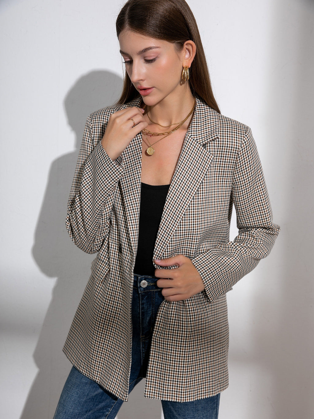 Plaid Pattern Double Breasted Lapel Blazer, Elegant Long Sleeve Blazer For Work & Office, Women's Clothing