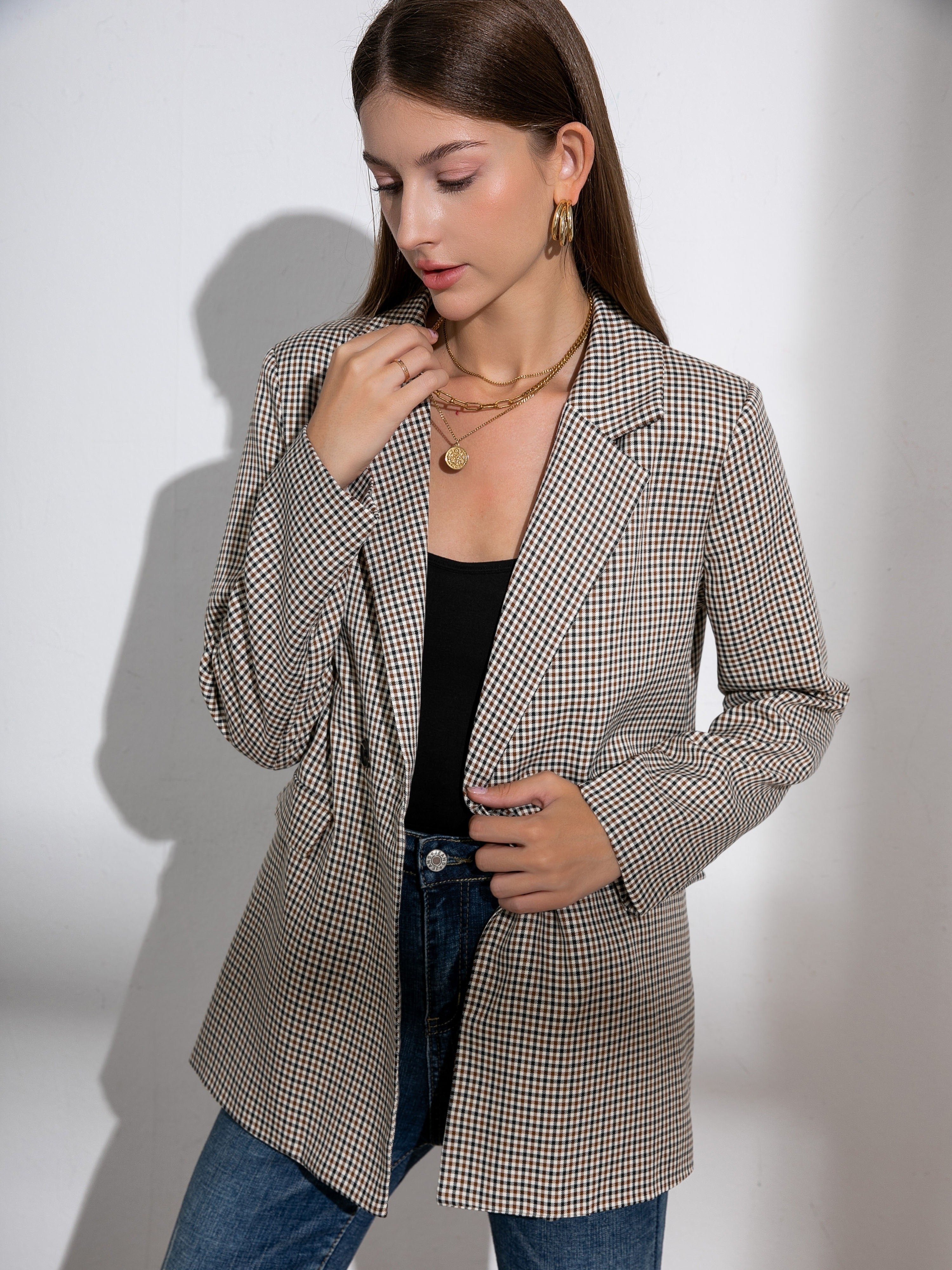 Plaid Pattern Double Breasted Lapel Blazer, Elegant Long Sleeve Blazer For Work & Office, Women's Clothing