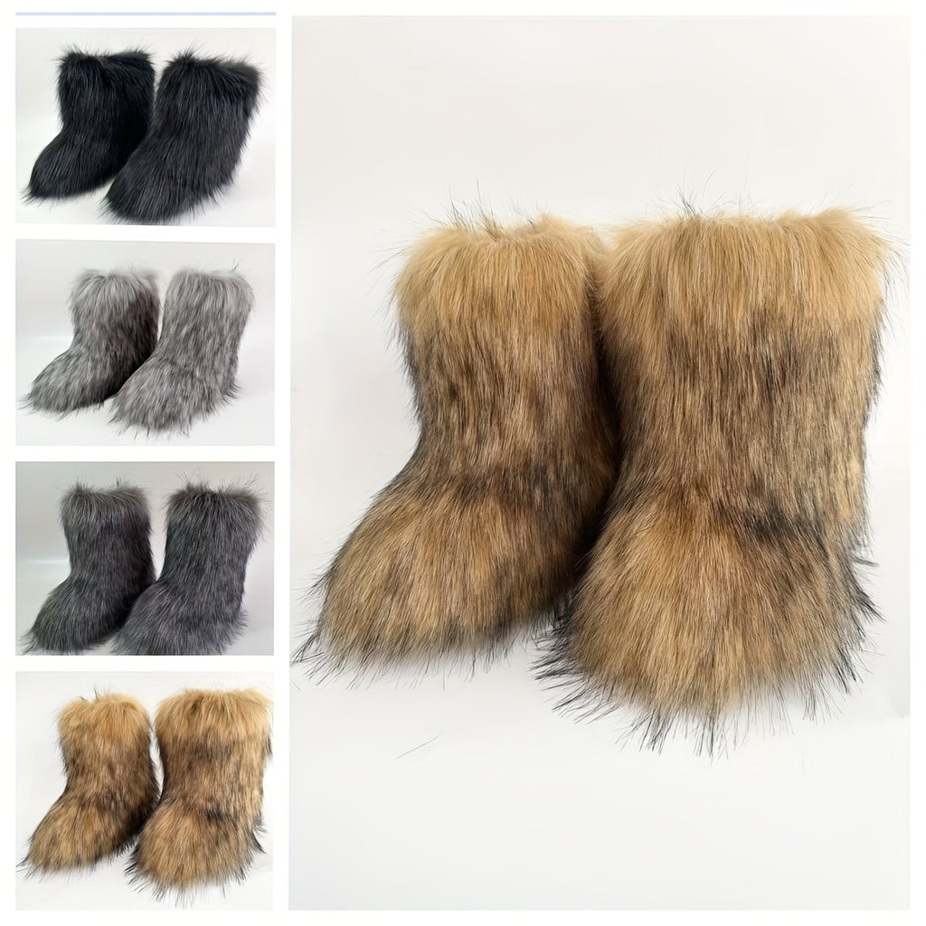 Women's Winter Warm Faux Fox Fur Snow Boots - Slip-On High-Top Flat Heel Round Toe Mid-Calf Boots with Plush Lining & Rubber Sole, Cozy Cold Weather Footwear for Casual Outings (Black\u002FGrey\u002FBeige), Winter Boots, Midcalf Height