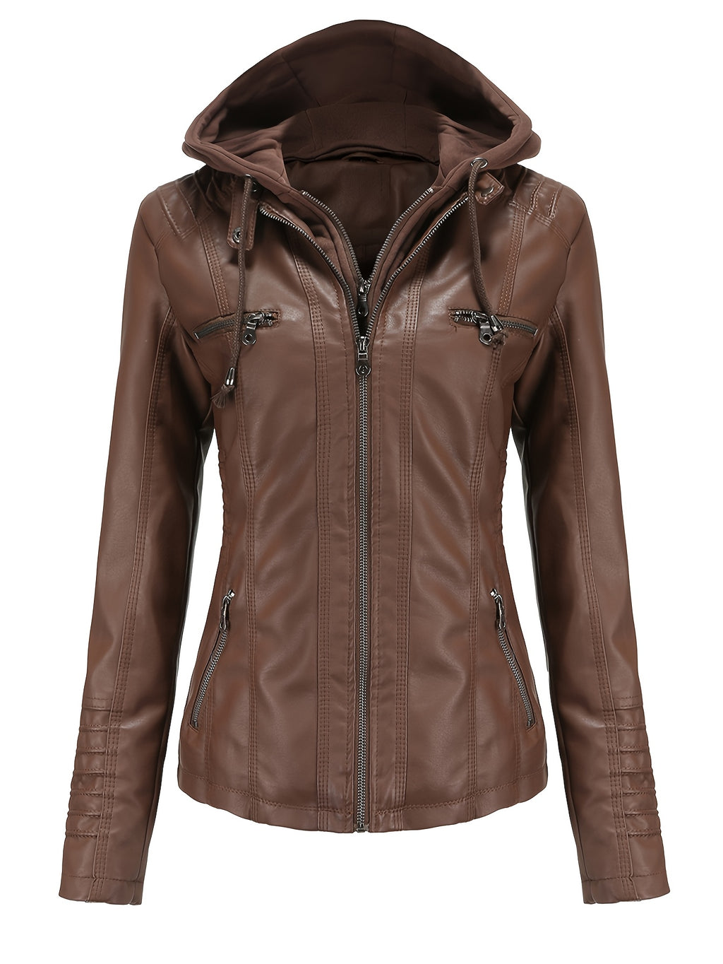 Women'S Elegant Black Hooded Jacket with Detachable Shoulder Straps - Perfect for Spring and Fall, Casual Style, Zipper Closure, Faux Leather Outerwear, Casual Jacket| Detachable Shoulder Straps|Zipper Closure Jacke