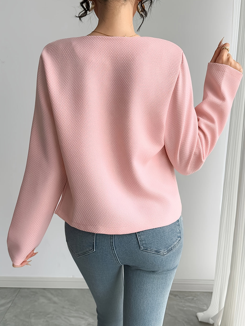 Women's Casual Chic Round Neck Long Sleeve Jacket with Bow Accents - Lightweight 100% Polyester Machine-Washable Spring Summer Fall Outerwear, Solid Color Versatile Blazer