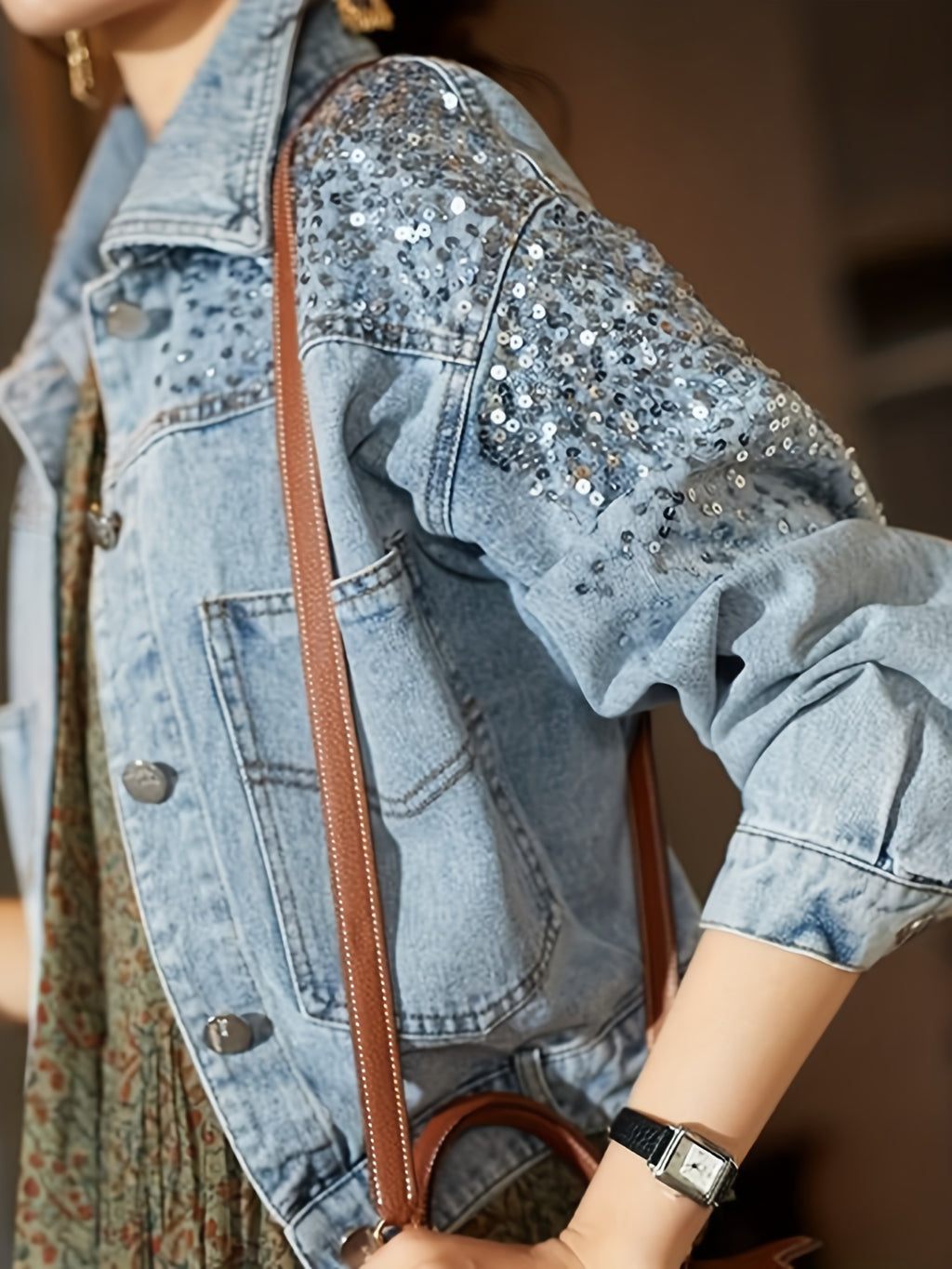 Women's Light Blue Denim-Look Jacket with Sequin Details, Flap Pockets, and Buttoned Cuffs - Stylish Long Sleeve Outerwear for Spring\u002FFall, Ladies Denim Jacket, Casual Outerwear | Trendy Women's Jacket | Sequin Accents