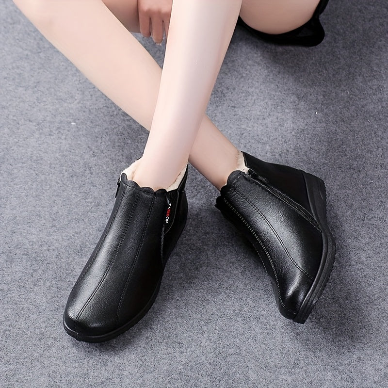 Women'S Plus Size Winter Boots - Black Faux, Warm Lined, Non-Slip Rubber Sole, Flat Heel, Zipper Closure, Comfortable Short Boots for Cold Weather, Winter Footwear|Round Toe Boots|Faux Boots