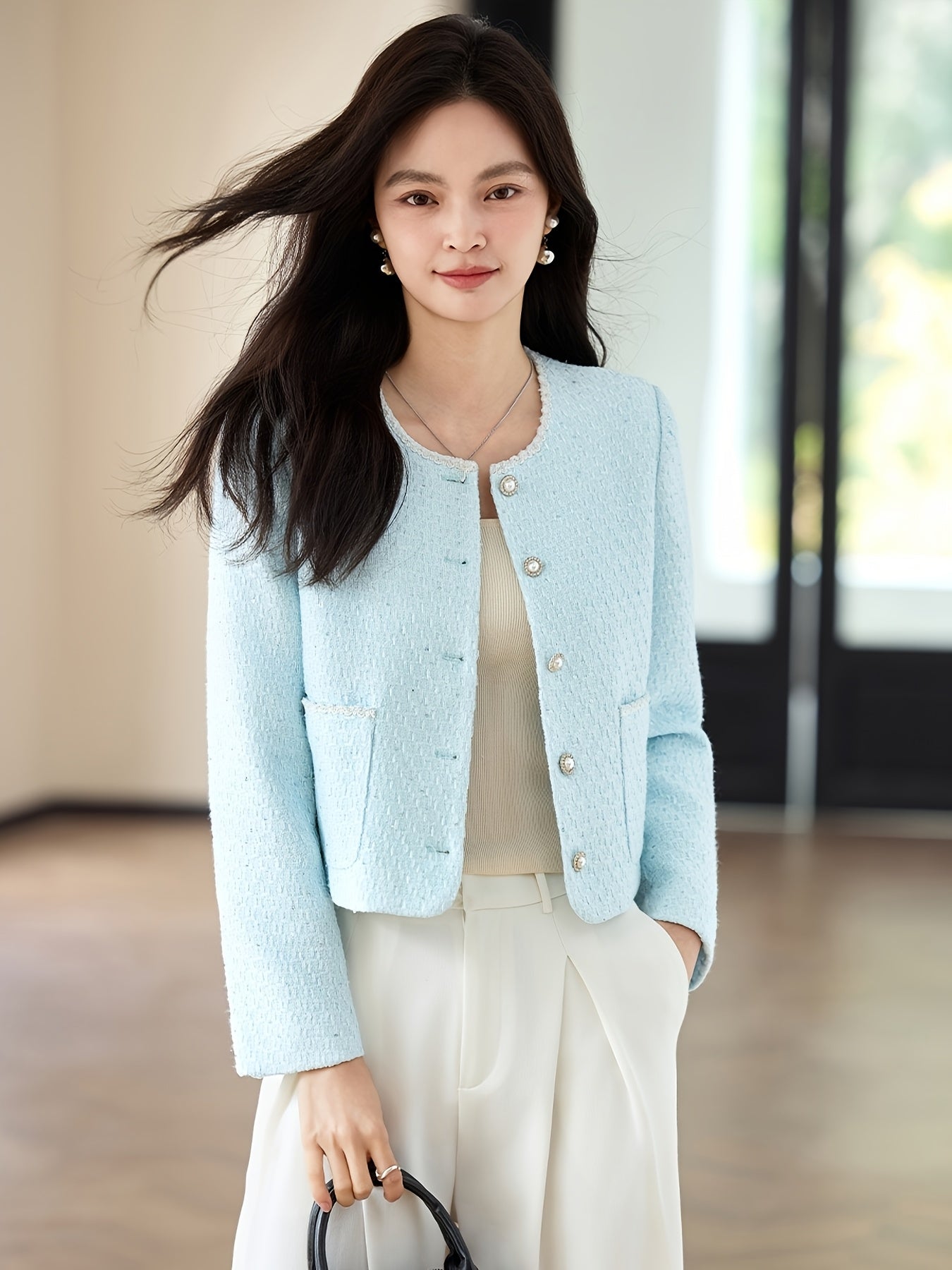 Women'S Elegant Light Blue Blazer with Golden Buttons - Versatile Long Sleeve Short Jacket for Spring & Fall, Polyester Fabric, Stylish Button-Up Design, Perfect for Office or Casual Attire, Office Blazer | Stylish Blazer | Polyester Blazer