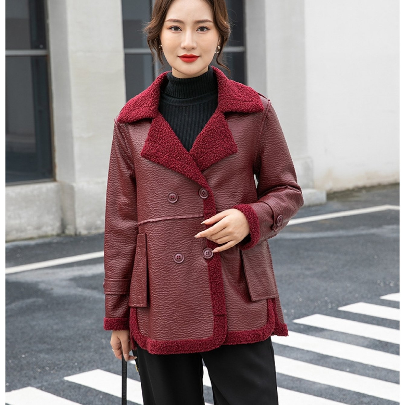 Elegant PU Leather Reversible Jacket for Women - Warm Fleece-Lined, Casual Loose Fit with Pockets, Solid Color, Polyurethane Material, Perfect for Fall\u002FWinter