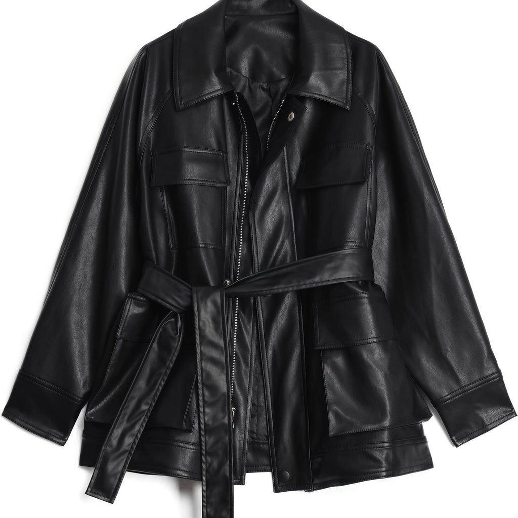 Women's PU Synthetic Leather Jacket - Longline Relaxed Fit Belted Waist Casual Chic Zip-Up Coat for Spring\u002FFall, Black, Cute Jacket, Spring Outerwear, Korean Fashion Style, Structured Sleeve Design
