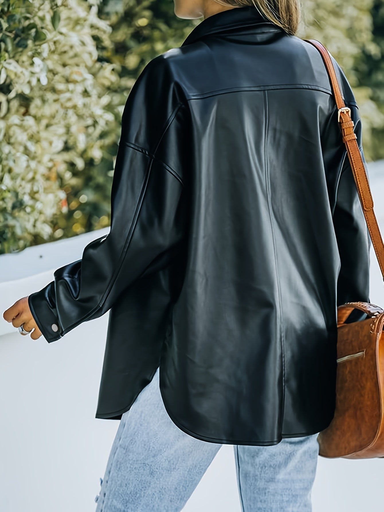 Spring\u002FSummer Women'S Faux Leather Jacket, Vintage Casual, Business, Elegant Style, Comfortable, Long Sleeve, Faux Leather, Side Waist, Split, Machine Washable, Daily Wear, Suitable for Spring, Summer, Autum