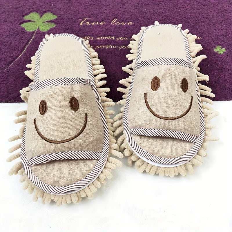 1 Pair Ultra-Fine Fiber Cleaning Slippers - Quiet, Efficient Dust & Floor Cleaner with Joyful joyful Face Design for Bedroom, Bathroom, Living Room - Light Blue, White, Pink Options, Bathroom Slippers | Comfortable Footwear | Plush Fabric Slippers