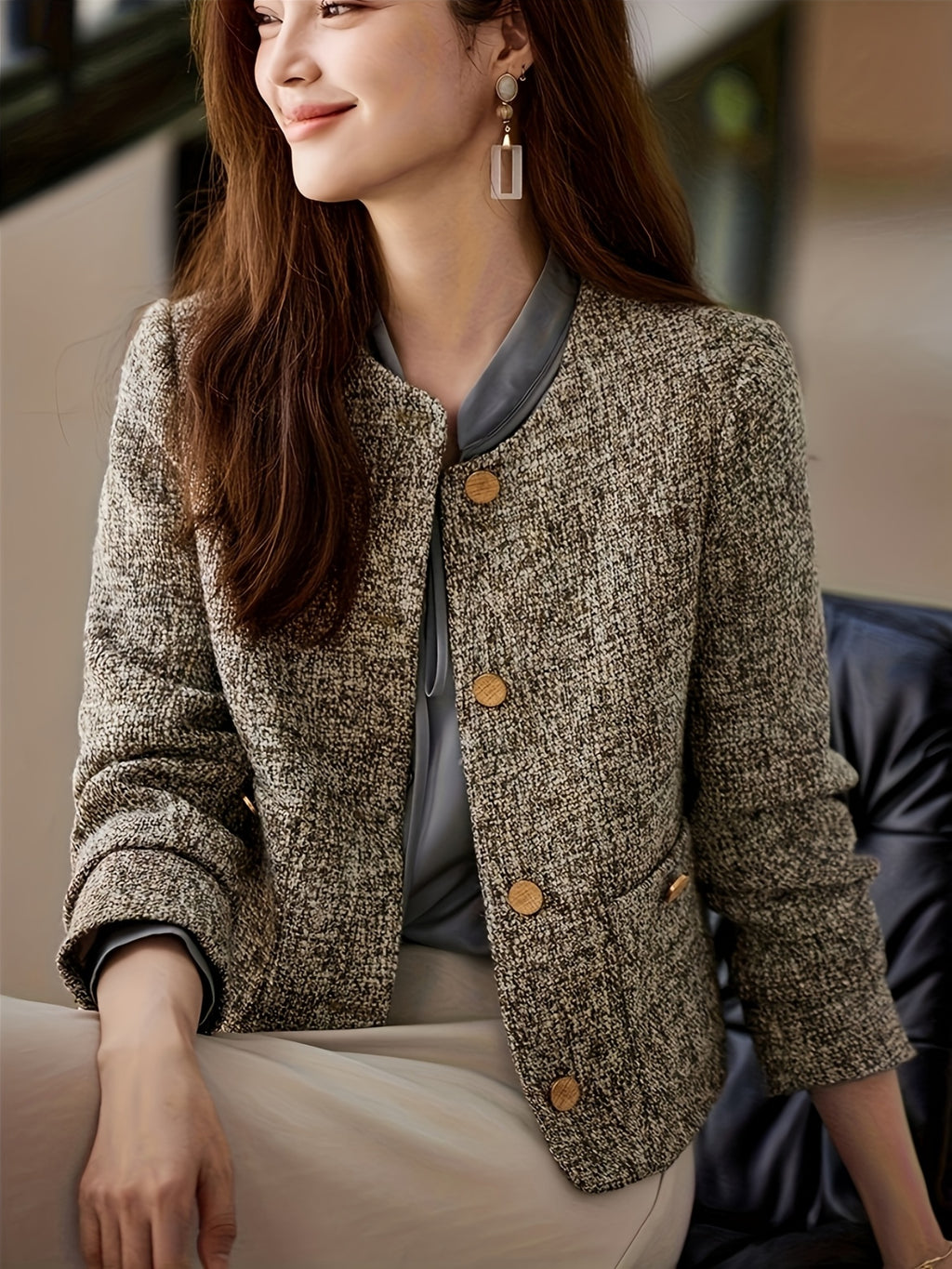 Chic French-Inspired Women'S Blazer - Elegant Long Sleeve, Button-Up Jacket with Golden Buttons, Polyester, Perfect for Spring\u002FFall, Sophisticated Layering Piece|Chic Buttonup Blazer|Polyester Jacket