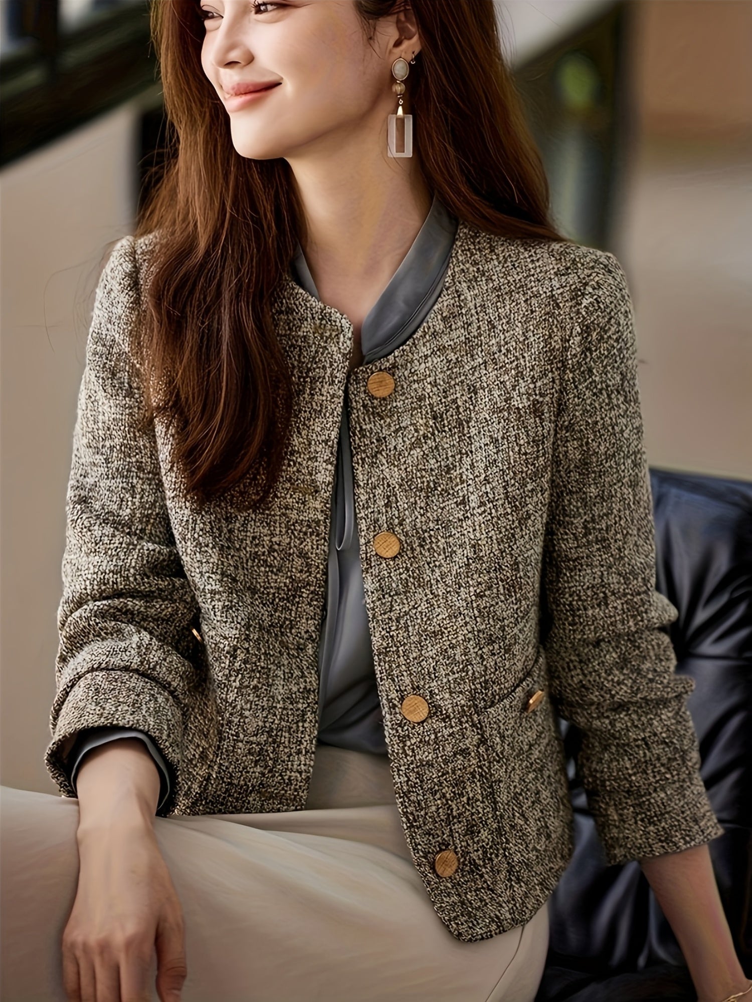 Chic French-Inspired Women'S Blazer - Elegant Long Sleeve, Button-Up Jacket with Golden Buttons, Polyester, Perfect for Spring\u002FFall, Sophisticated Layering Piece|Chic Buttonup Blazer|Polyester Jacket