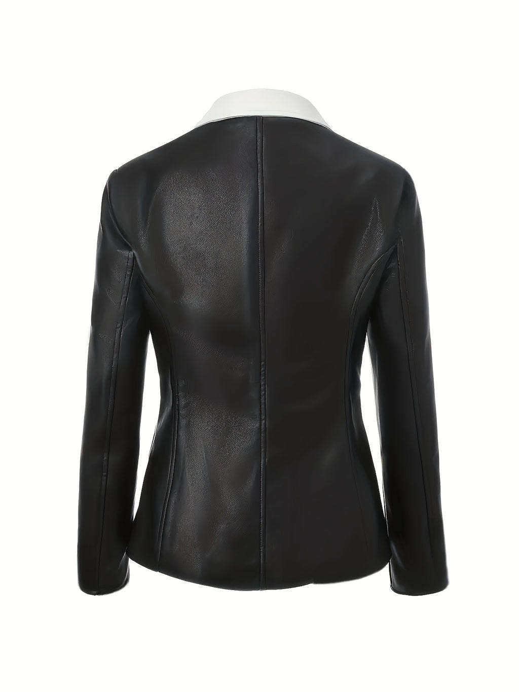 PUPU Women's Elegant Black & White Contrast PU Leather Jacket - Machine Washable Notch Lapel Biker Jacket with Fake Pockets, All-Season Versatile Outerwear, Stylish Layering, Modern Fashion, Polished Look, Trendconscious Buyers