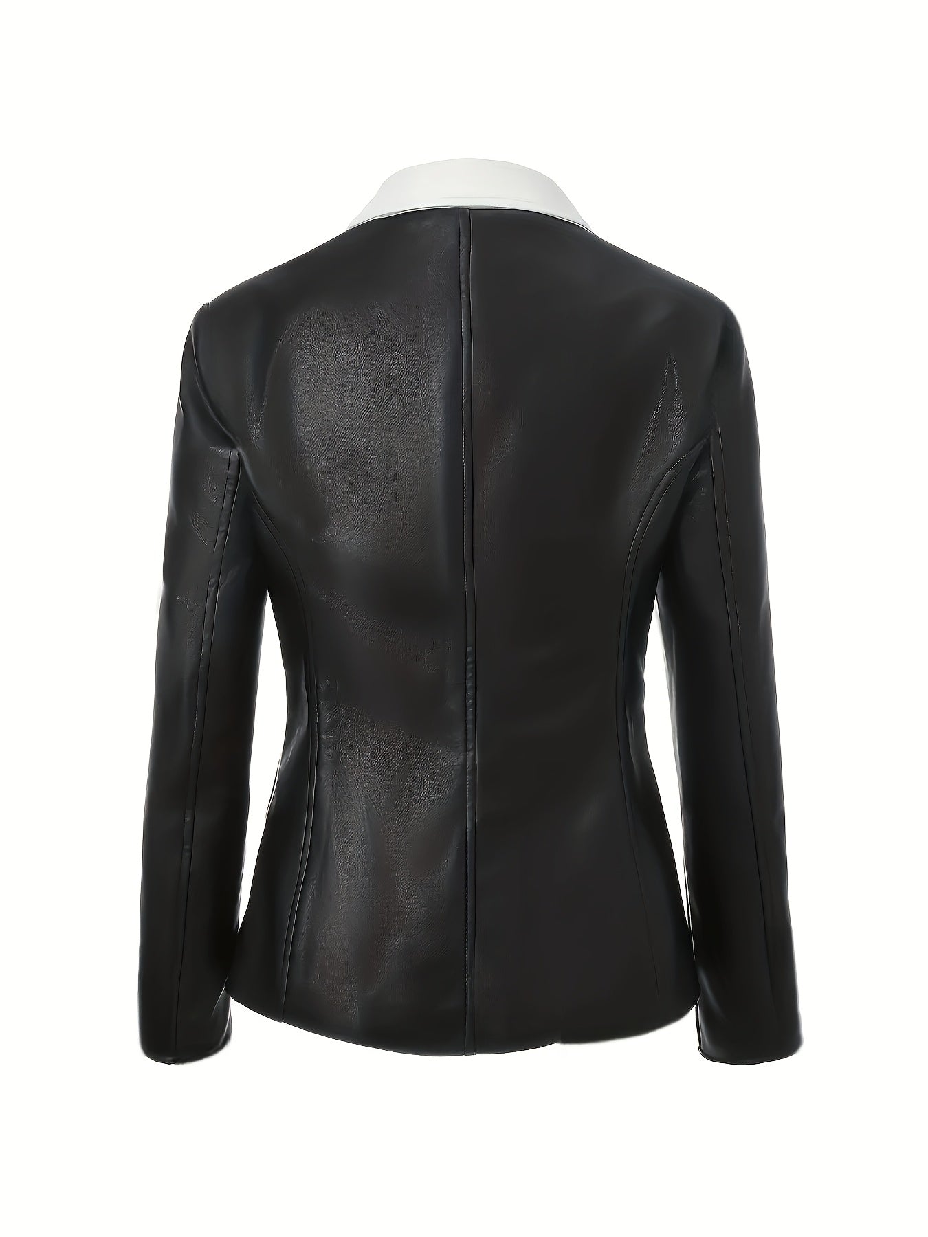 PUPU Women's Elegant Black & White Contrast PU Leather Jacket - Machine Washable Notch Lapel Biker Jacket with Fake Pockets, All-Season Versatile Outerwear, Stylish Layering, Modern Fashion, Polished Look, Trendconscious Buyers