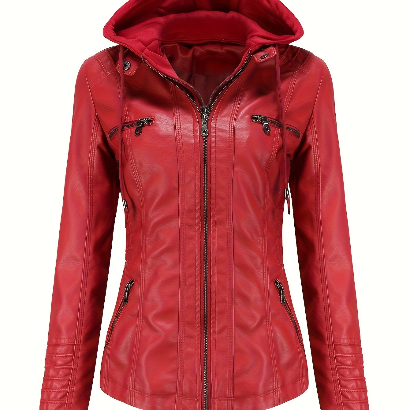 Women'S Elegant Black Hooded Jacket with Detachable Shoulder Straps - Perfect for Spring and Fall, Casual Style, Zipper Closure, Faux Leather Outerwear, Casual Jacket| Detachable Shoulder Straps|Zipper Closure Jacke