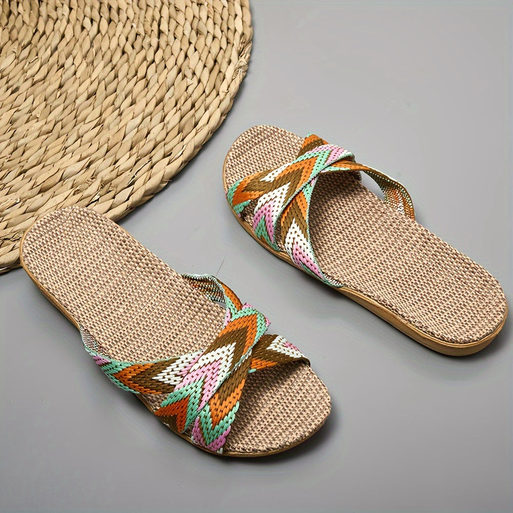 Women's Striped Linen Slippers - Summer Fashion, Comfortable Indoor\u002FOutdoor Flats with EVA Sole, 515