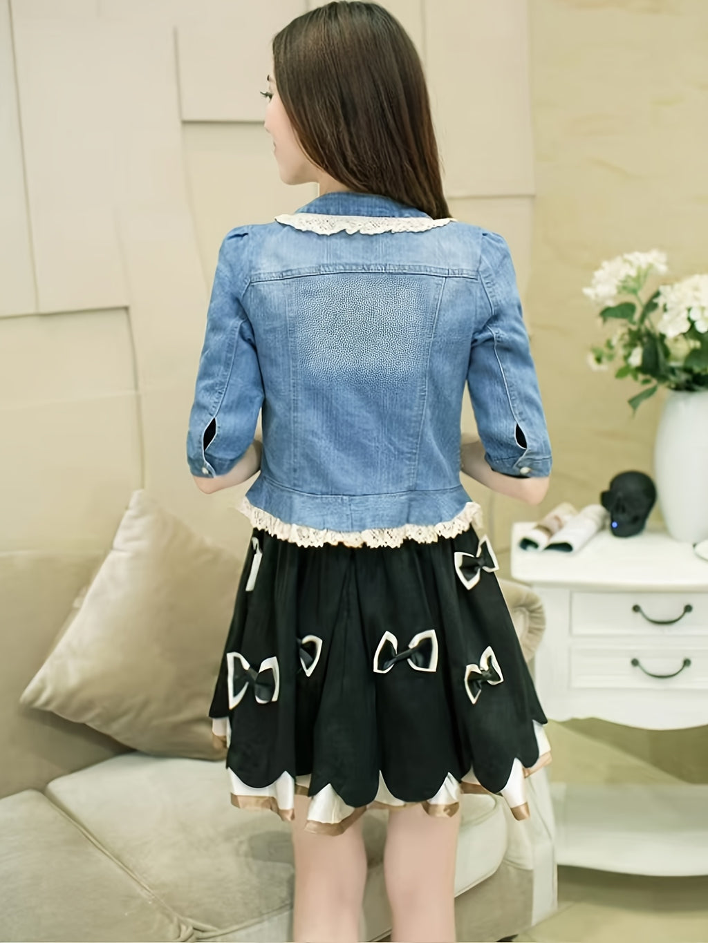Lace Decor 3\u002F4 Sleeve Button Up Elegant Washed Blue Slim Fit Coquette Aesthetic Denim Jacket, Women's Denim Jeans & Clothing