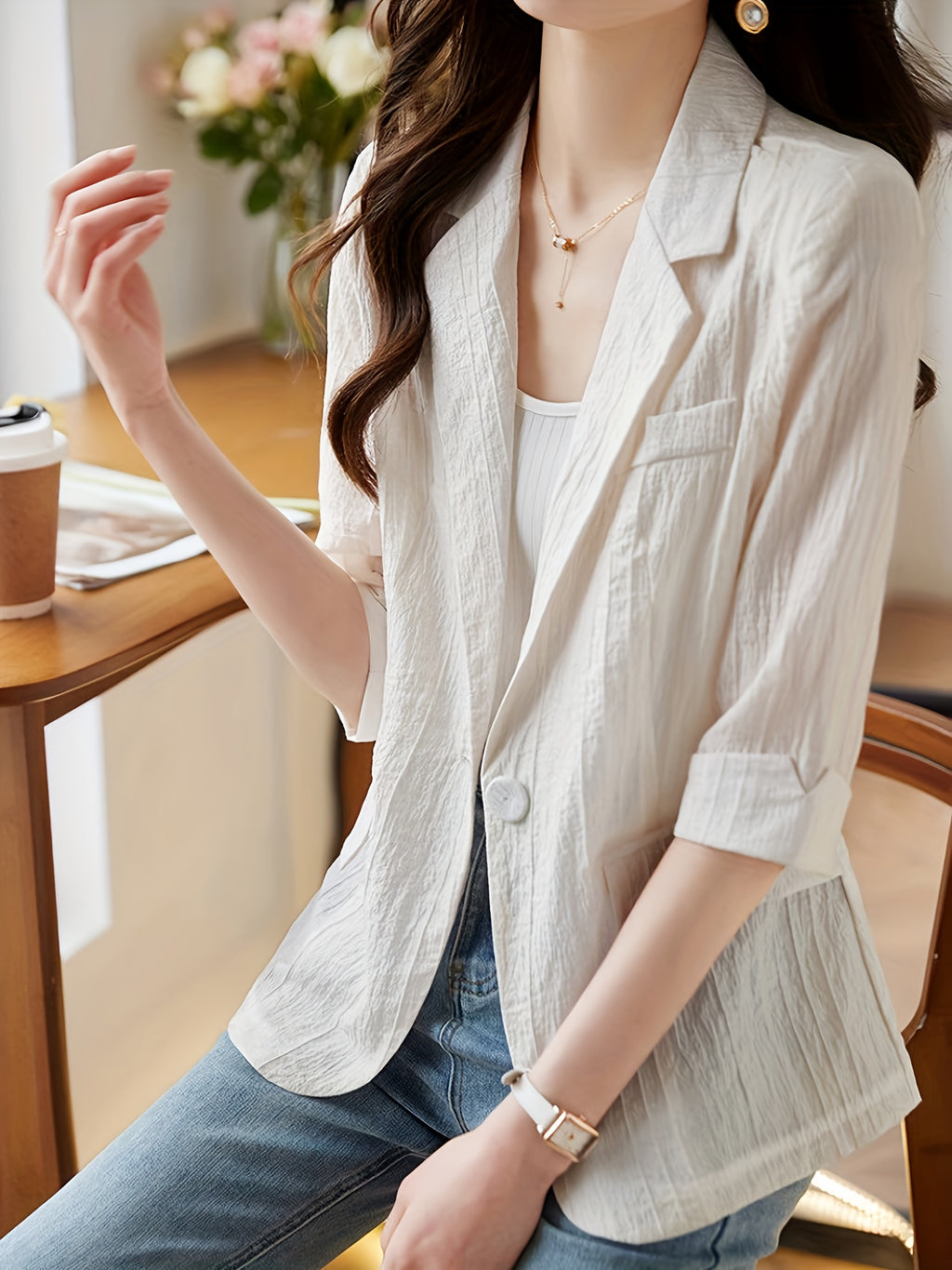 Women'S Elegant Summer Blazer - Casual Mid-Sleeve, Solid Color, Lightweight Jacket with Button Front and Ribbed Cuffs, Perfect for All Seasons