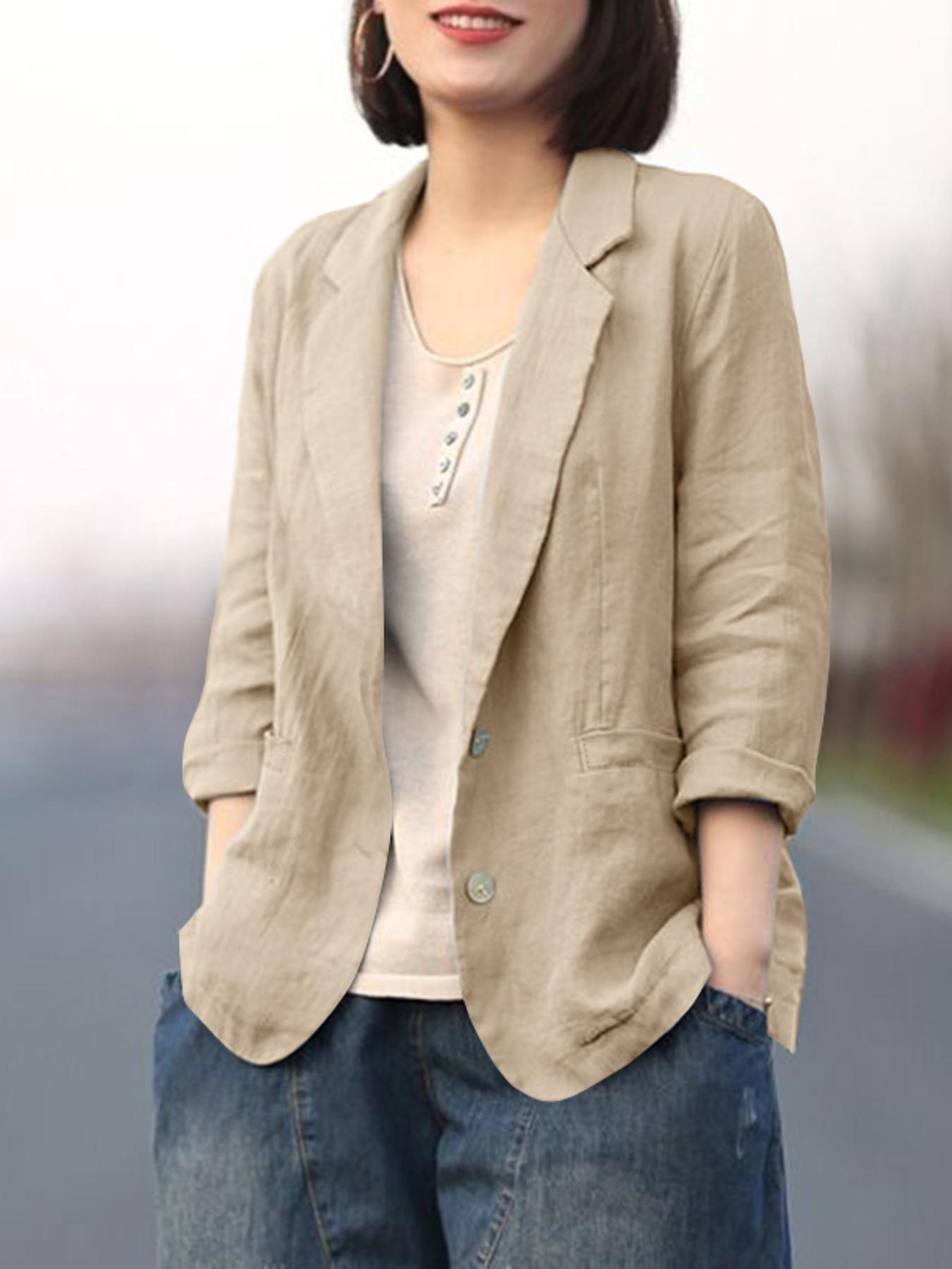 Women's Lightweight Casual Blazer - Single-Breasted Lapel Collar Long Sleeve Coat, Loose H-Silhouette, Solid Color, Machine Washable for Spring\u002FFall Commuting & Casual Attire, Subtle Texture Pattern
