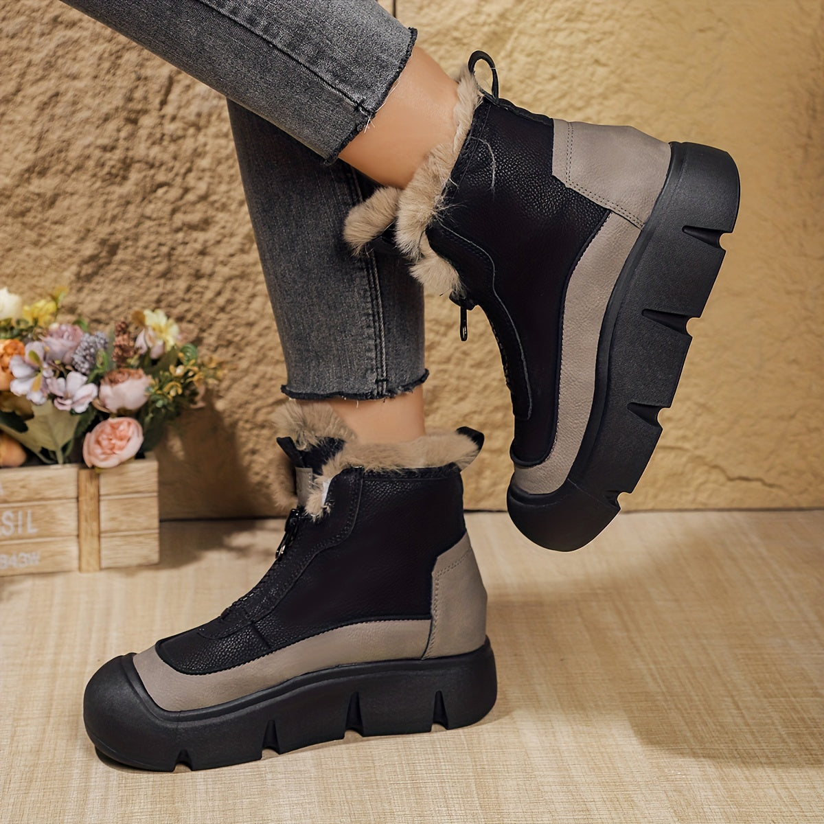 1pr Vintage Style Women'S Mid-Calf Chelsea Boots - Comfortable All-Season Winter Footwear with Faux Fur Trim, Round Toe, Flat Platform Heel, Fabric Insole, and Rubber Sole