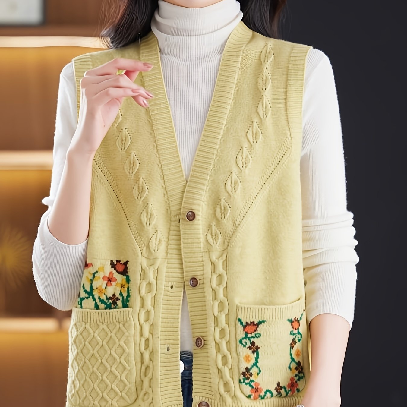 Better Tomorrow Women's Elegant Vintage Floral Sleeveless Vest - V-Neck Double Pocket Layering Piece, Relaxed H-Silhouette for Spring\u002FFall Casual Outfits, Ladies Vests, Spring Fall Apparel, Durable Knitwear