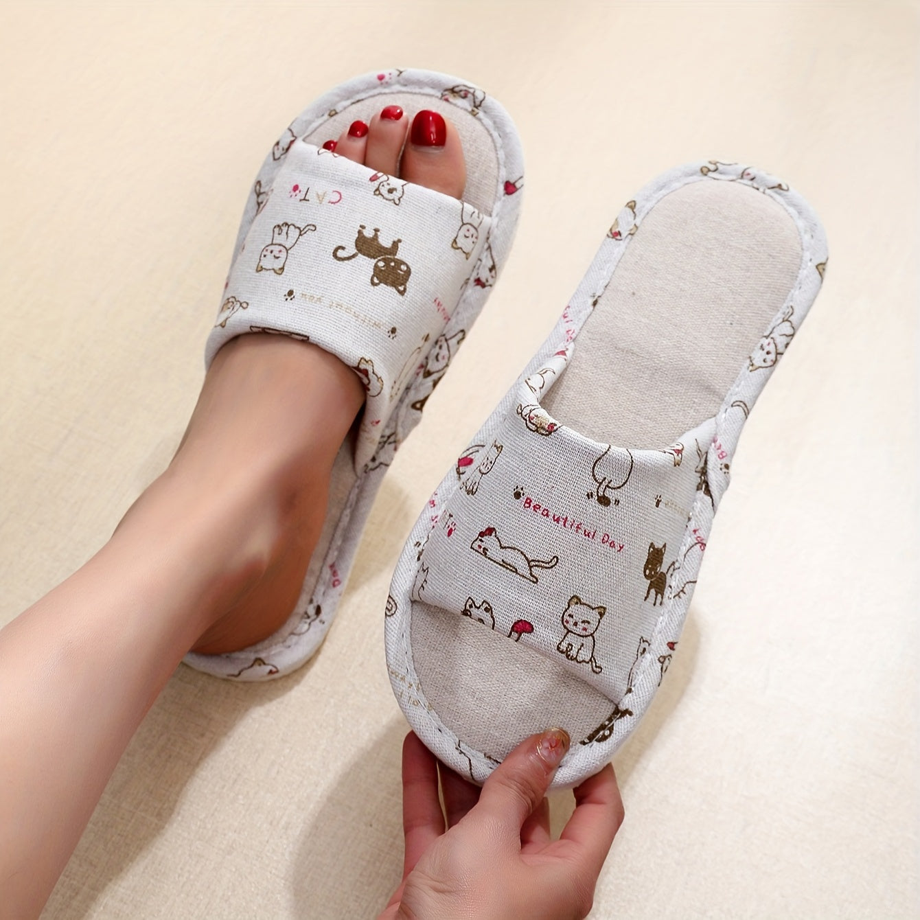Floral Print Fabric Linen Slippers, Breathable Open Toe Soft Flat Shoes, Lightweight Indoor Floor Slippers