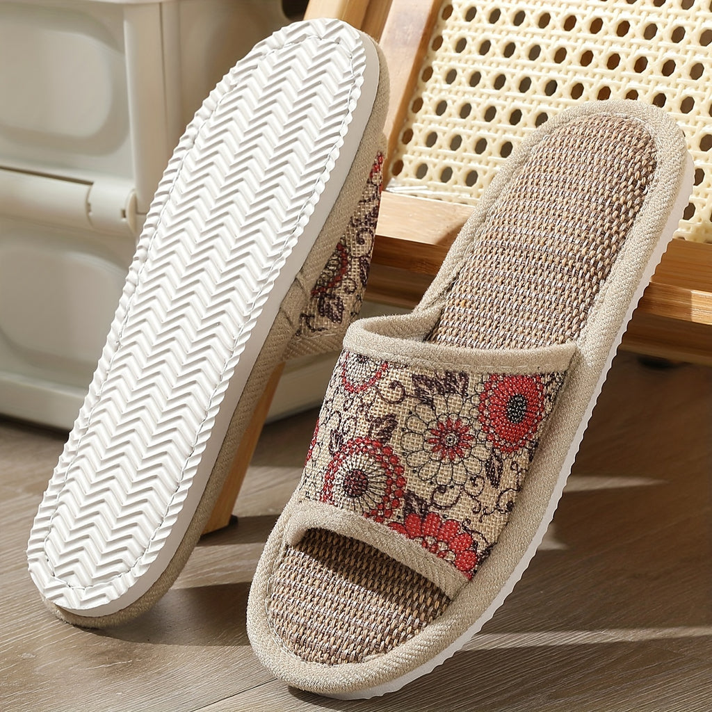 Women's Floral Linen Slip-On Slippers with EVA Sole - Non-Slip Indoor House Shoes for Hardwood Floors, Breathable All-Season Comfort, Soft Cushioned Casual Home Footwear
