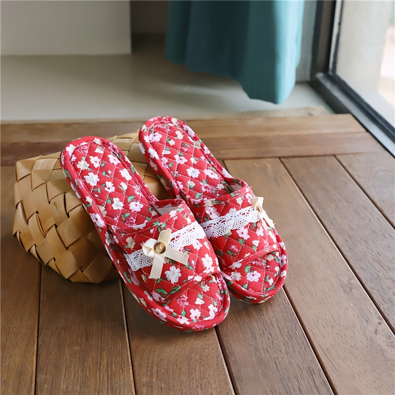 Casual Floral Slip-on Slippers - All-Season Fabric Upper, Inner & Sole - Quiet Soft Home Indoor Women's Footwear - Imported