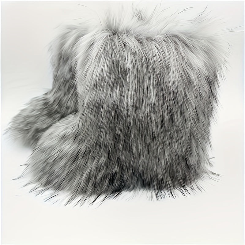 Women's Winter Warm Faux Fox Fur Snow Boots - Slip-On High-Top Flat Heel Round Toe Mid-Calf Boots with Plush Lining & Rubber Sole, Cozy Cold Weather Footwear for Casual Outings (Black\u002FGrey\u002FBeige), Winter Boots, Midcalf Height