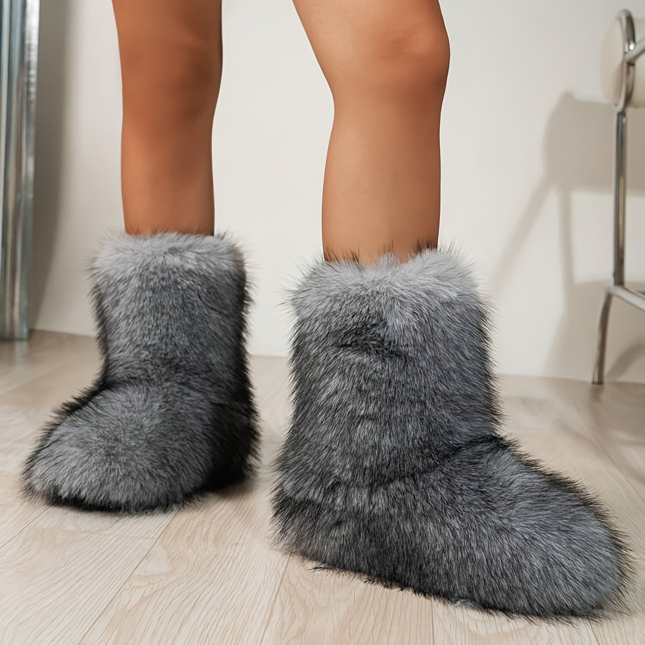 Women'S Fluffy Faux Fur Boots, Cute Mid-Top Plush Lined Winter Warmth, Slip-On Design Flat Comfortable Snow Boots