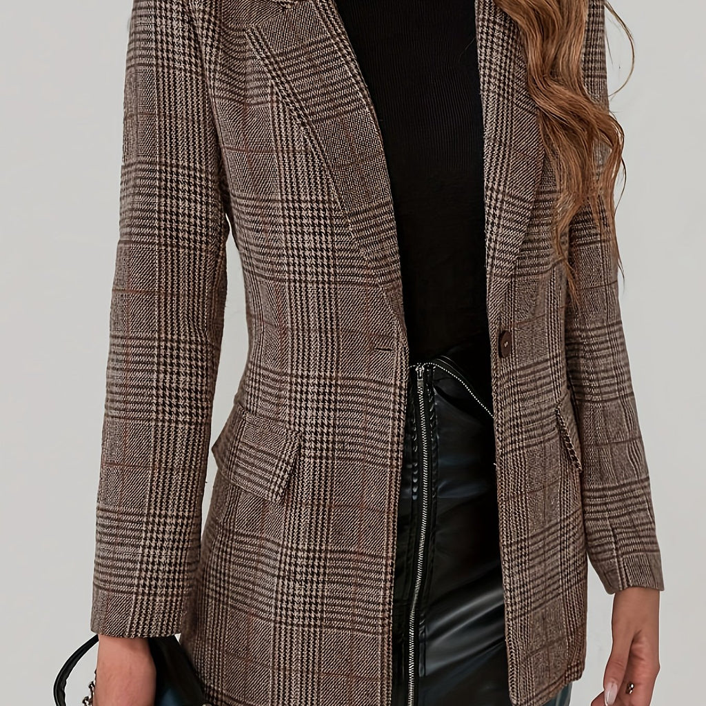 Plaid Pattern Single Breasted Lapel Blazer, Elegant Long Sleeve Blazer For Work & Office, Women's Clothing