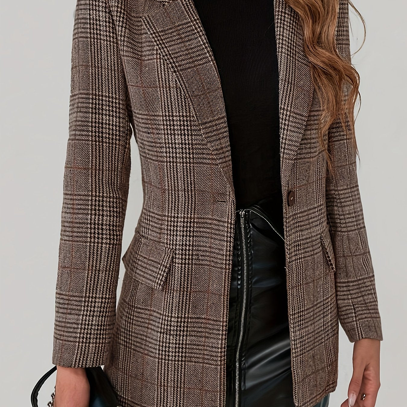 Plaid Pattern Single Breasted Lapel Blazer, Elegant Long Sleeve Blazer For Work & Office, Women's Clothing