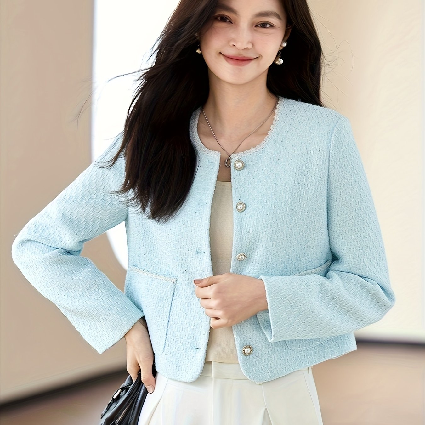 Women'S Elegant Light Blue Blazer with Golden Buttons - Versatile Long Sleeve Short Jacket for Spring & Fall, Polyester Fabric, Stylish Button-Up Design, Perfect for Office or Casual Attire, Office Blazer | Stylish Blazer | Polyester Blazer