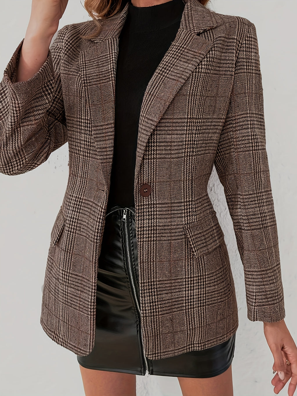 Plaid Pattern Single Breasted Lapel Blazer, Elegant Long Sleeve Blazer For Work & Office, Women's Clothing