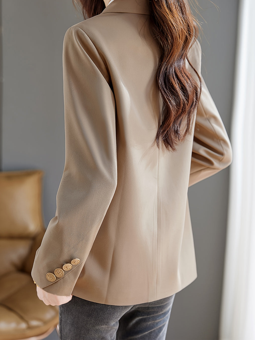 XWI Women's Elegant Beige Blazer - Spring\u002FFall 2024 Collection, Versatile Long Sleeve Jacket with Button Details, Perfect for Office or Casual Outfits