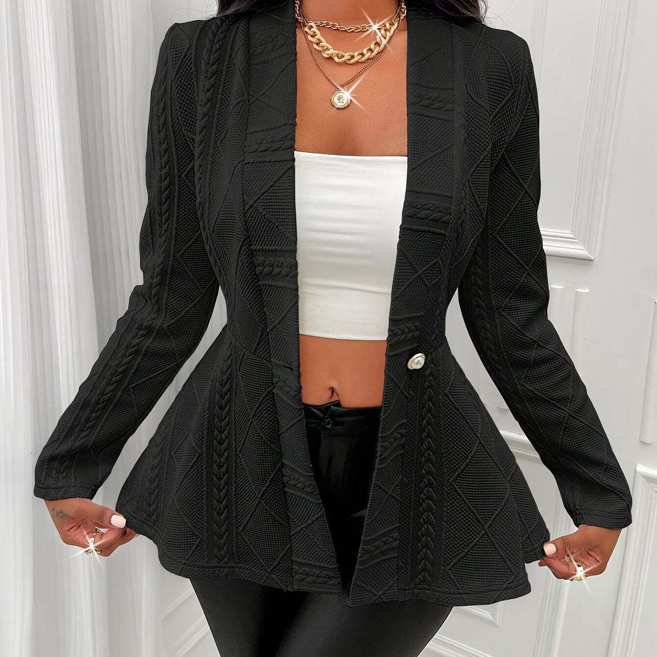 Slim Fit Single Breasted Blazer, Elegant Long Sleeve Peplum Blazer For Spring & Fall, Women's Clothing